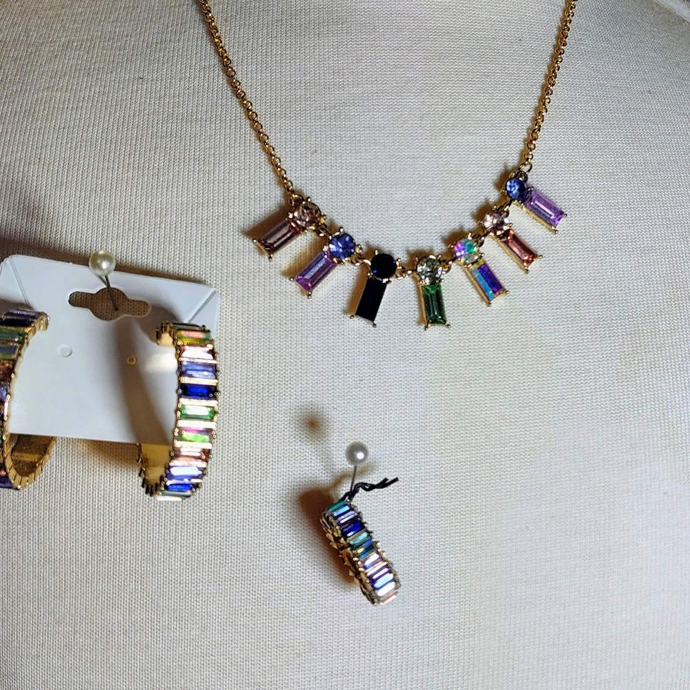 Rainbow Baguette Gemstones Purple Pink Necklace  Earring  Stretch  Ring Set